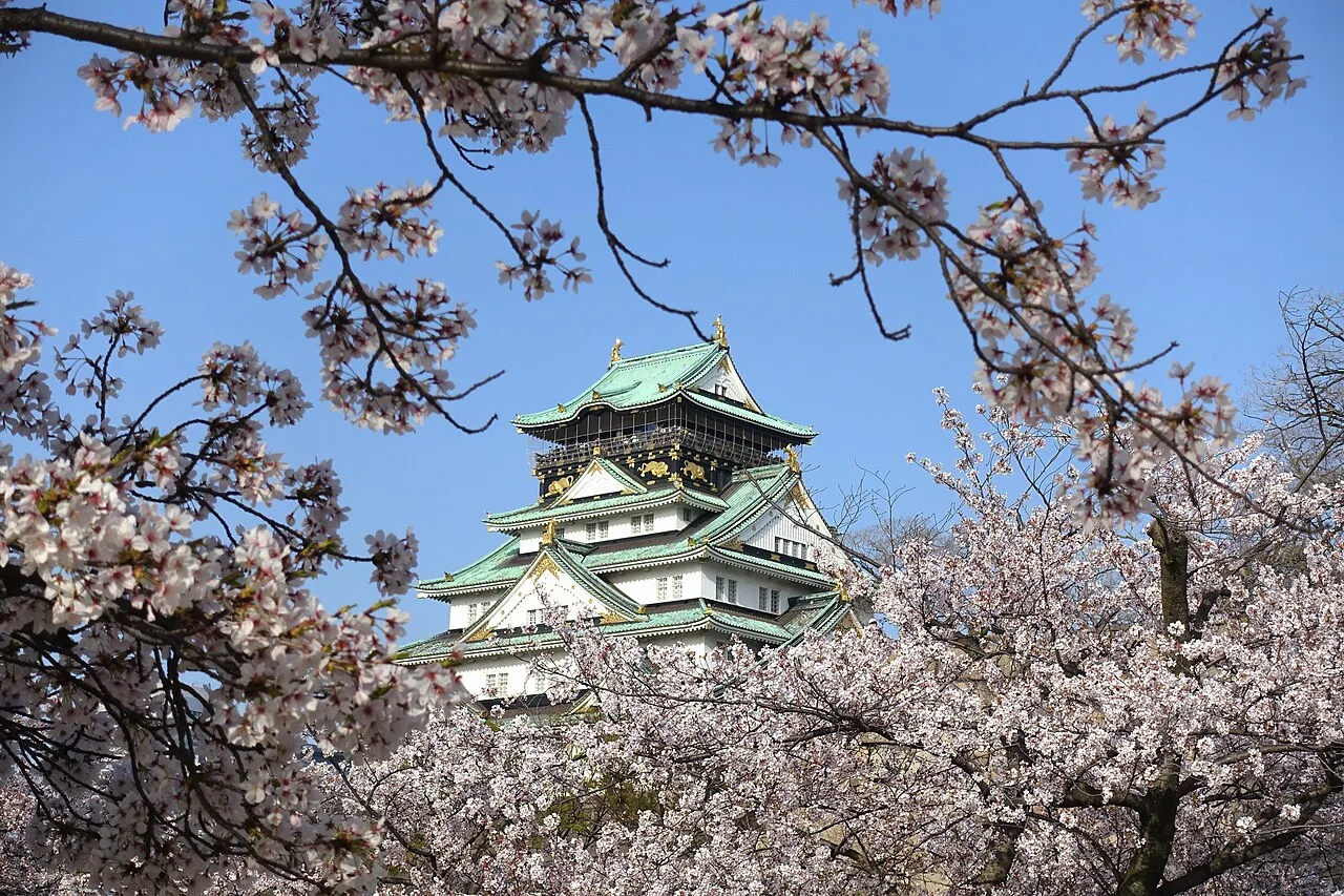 Osaka Castle framed by pink cherry blossoms under a blue sky